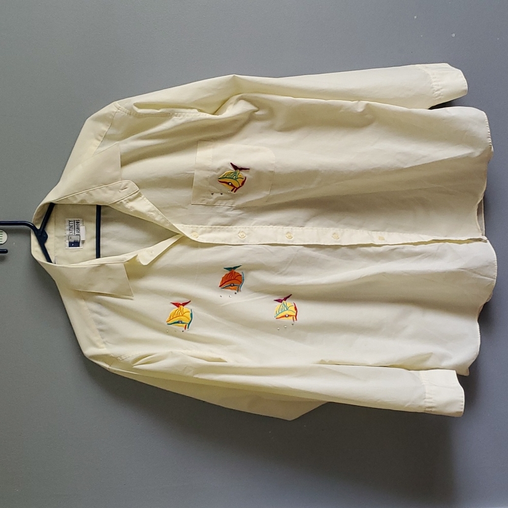 Infinity Fashions, long-sleeve, button down,  yellow, fish, nautical, size large